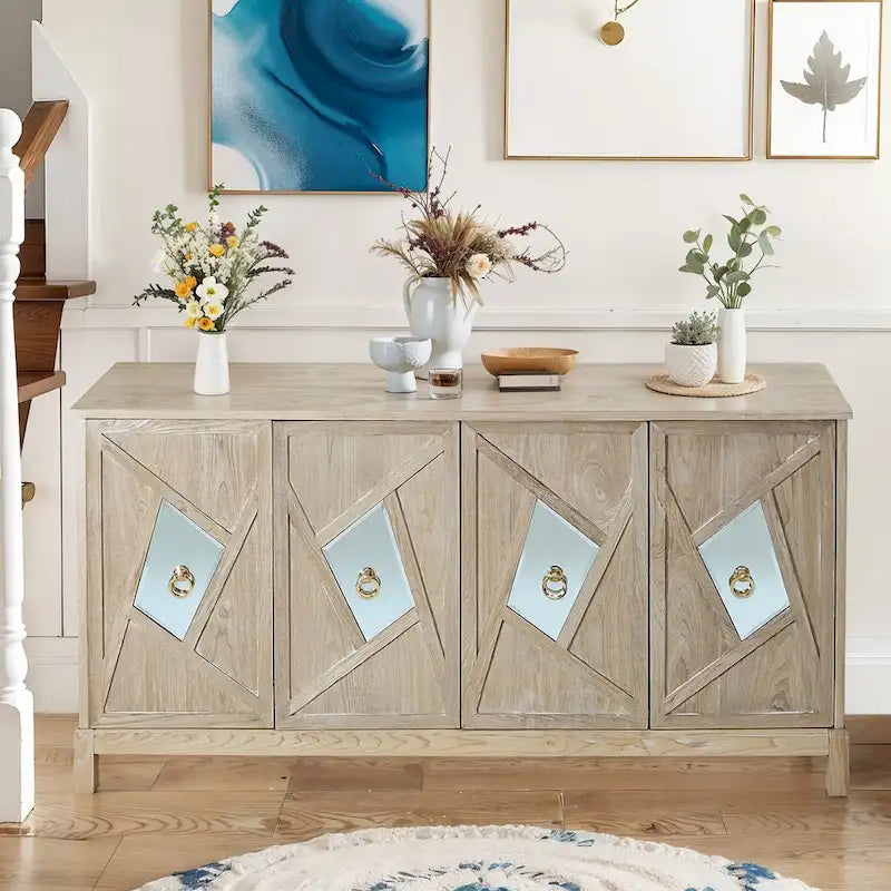 Meuble de rangement 4 portes avec miroirs et pieds en bois massif