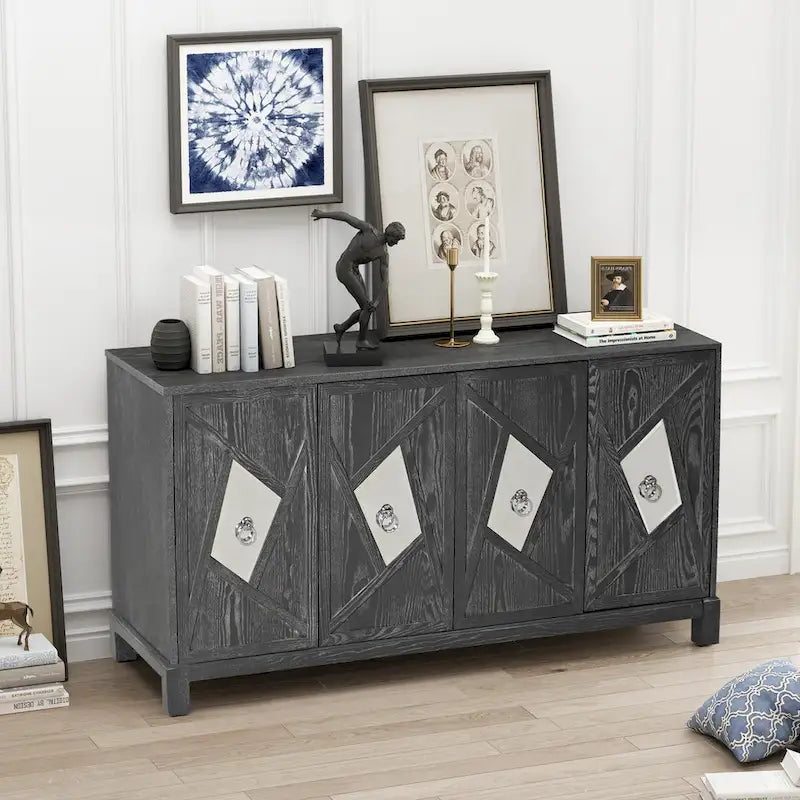 Meuble de rangement 4 portes avec miroirs et pieds en bois massif