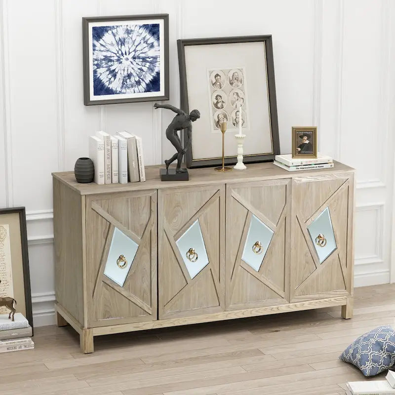 Meuble de rangement 4 portes avec miroirs et pieds en bois massif