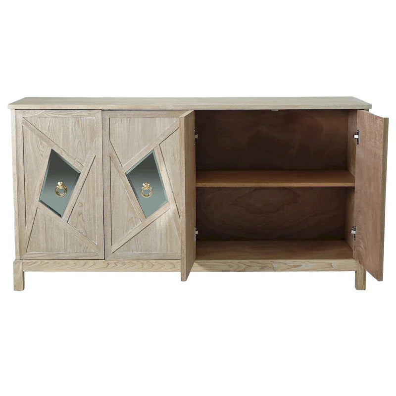 Meuble de rangement 4 portes avec miroirs et pieds en bois massif