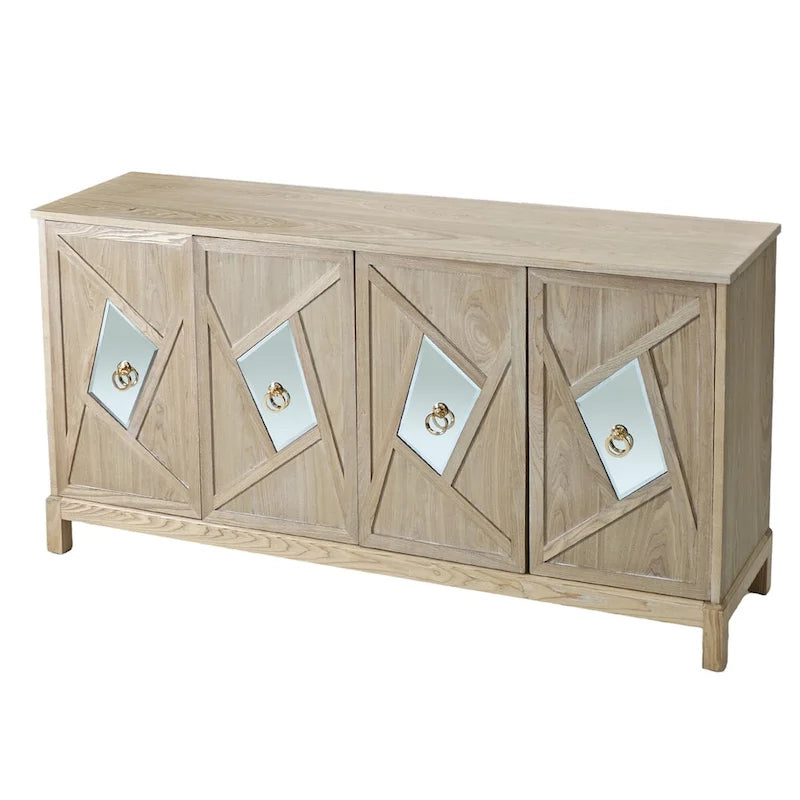 Meuble de rangement 4 portes avec miroirs et pieds en bois massif