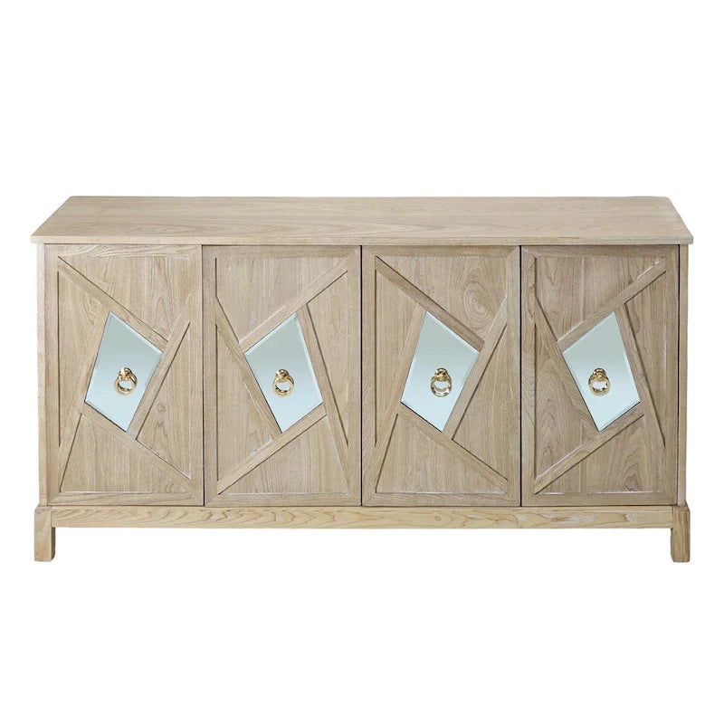 Meuble de rangement 4 portes avec miroirs et pieds en bois massif
