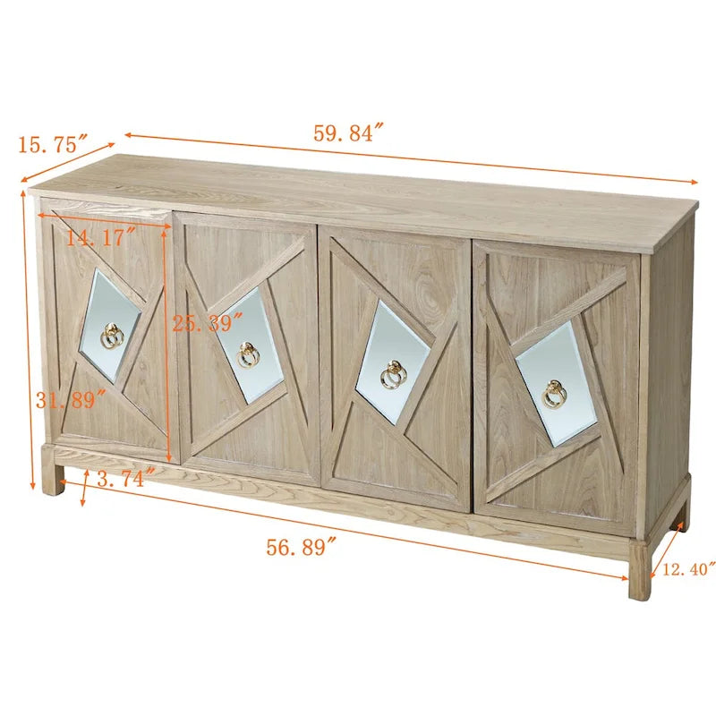 Meuble de rangement 4 portes avec miroirs et pieds en bois massif