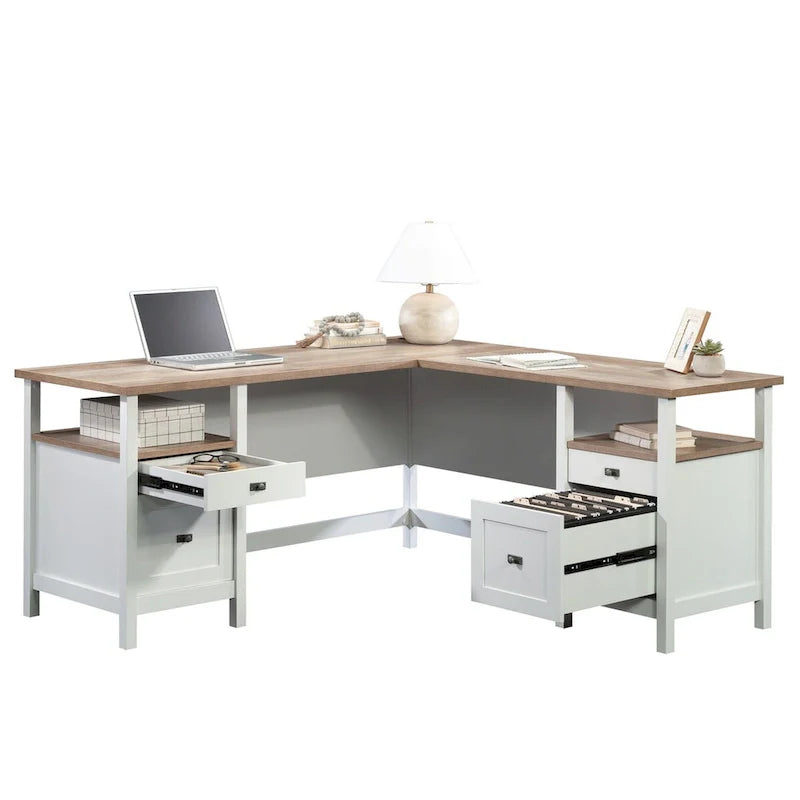 Bureau d'angle avec tiroirs et étagères ouvertes - Blanc