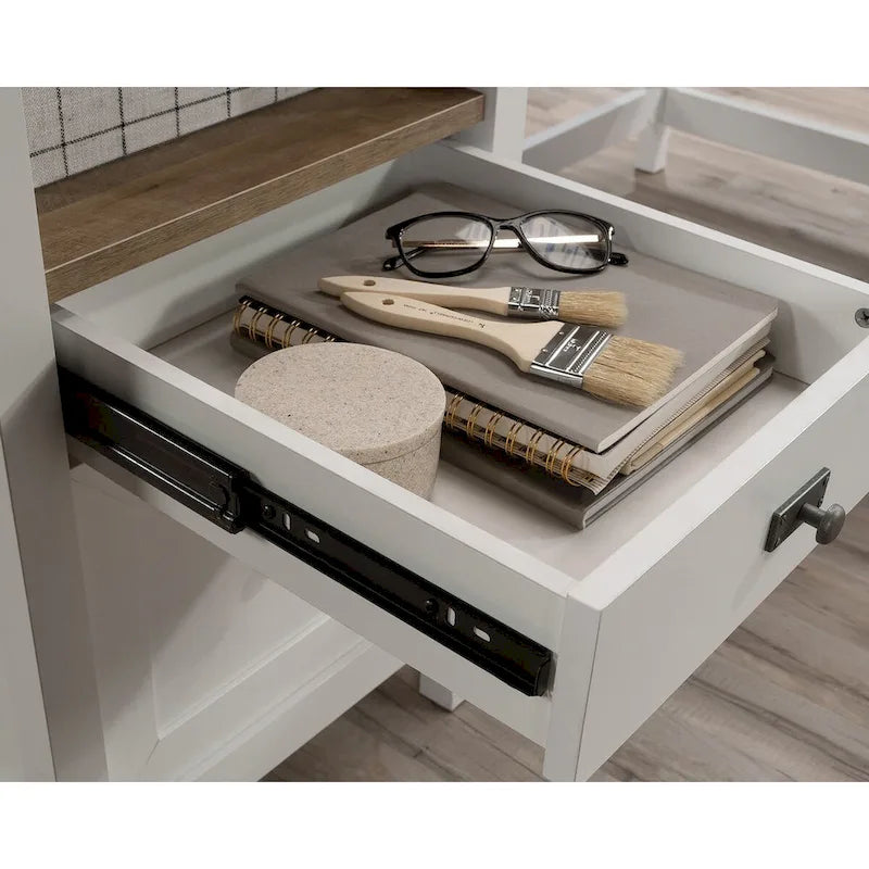Bureau d'angle avec tiroirs et étagères ouvertes - Blanc
