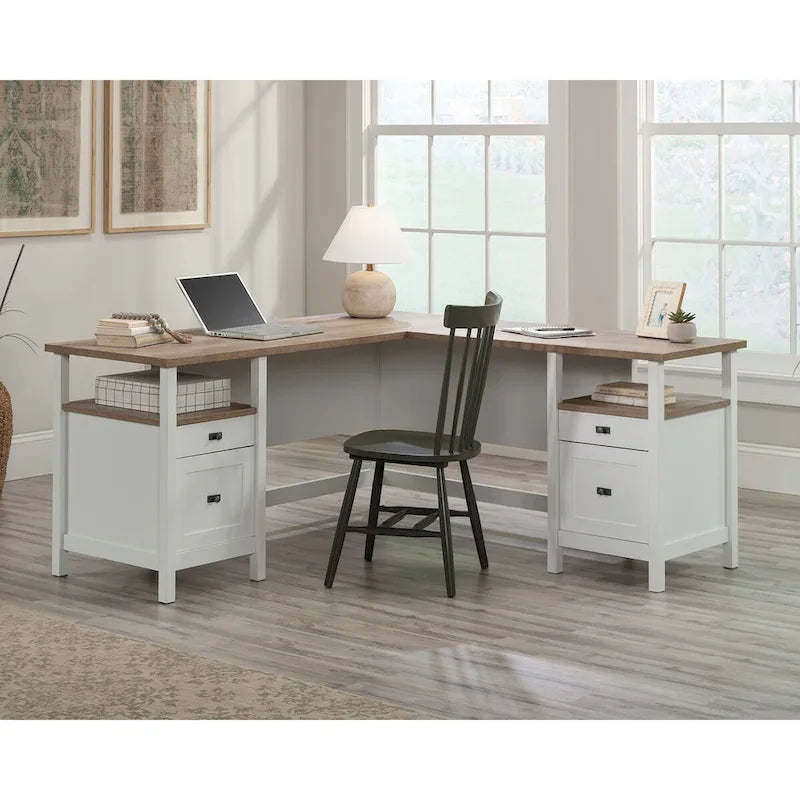 Bureau d'angle avec tiroirs et étagères ouvertes - Blanc