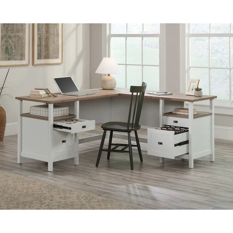 Bureau d'angle avec tiroirs et étagères ouvertes - Blanc