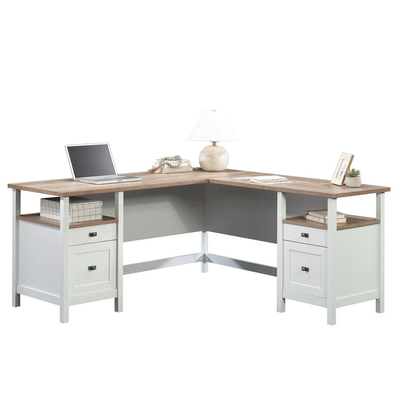 Bureau d'angle avec tiroirs et étagères ouvertes - Blanc