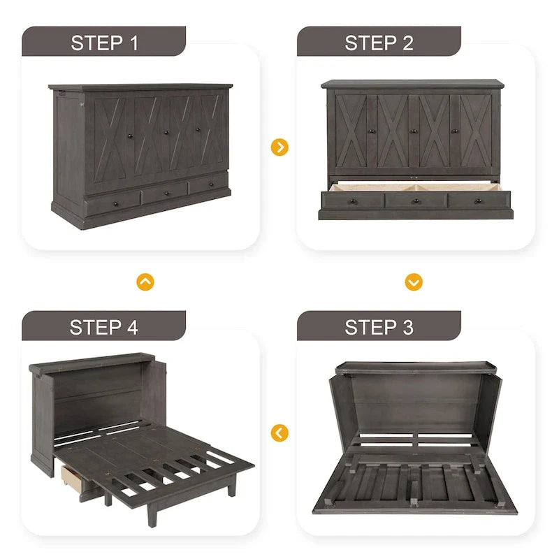 Meuble-lit escamotable Queen en pin massif avec port de chargement USB et tiroir de rangement