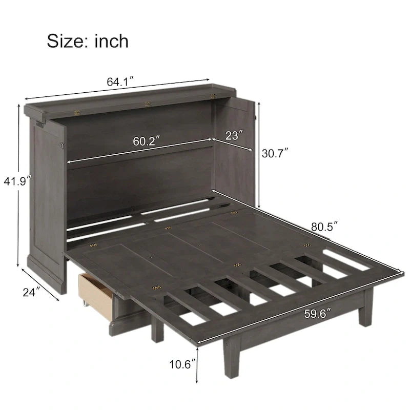 Meuble-lit escamotable Queen en pin massif avec port de chargement USB et tiroir de rangement