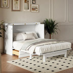 Meuble-lit escamotable Queen en pin massif avec port de chargement USB et tiroir de rangement