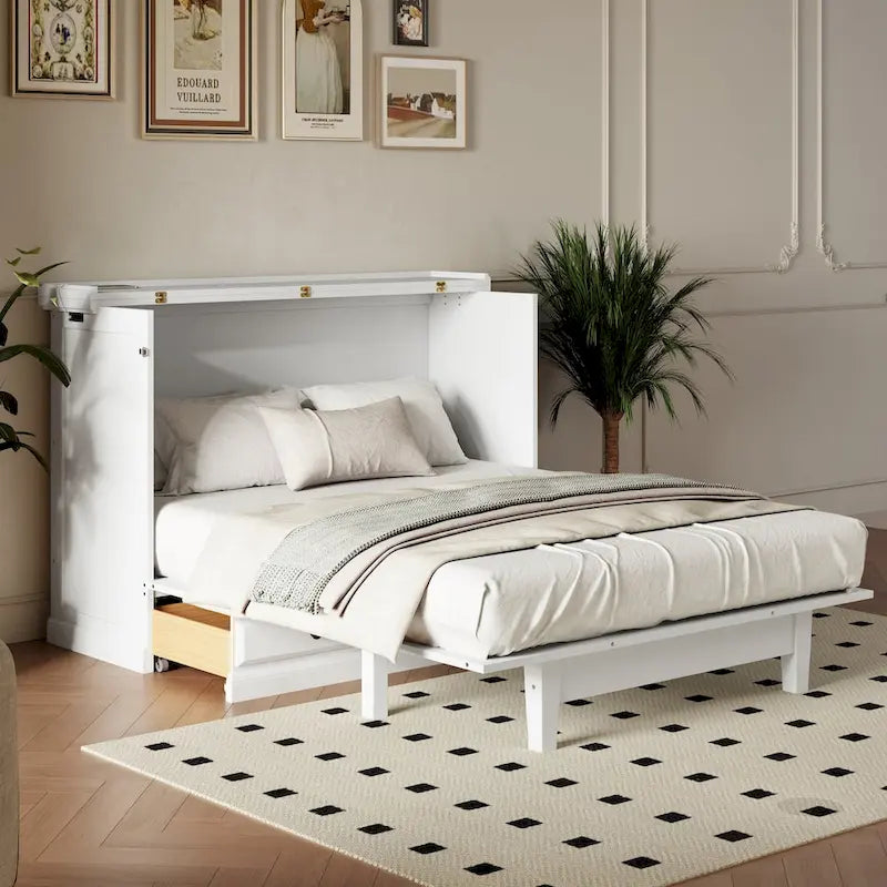 Meuble-lit escamotable Queen en pin massif avec port de chargement USB et tiroir de rangement