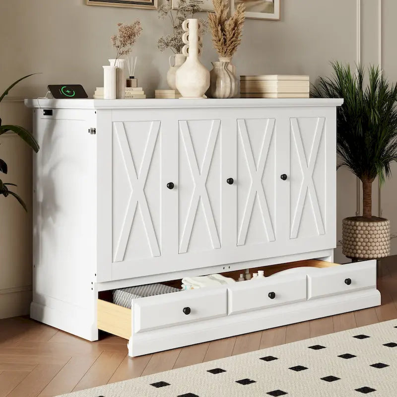 Meuble-lit escamotable Queen en pin massif avec port de chargement USB et tiroir de rangement