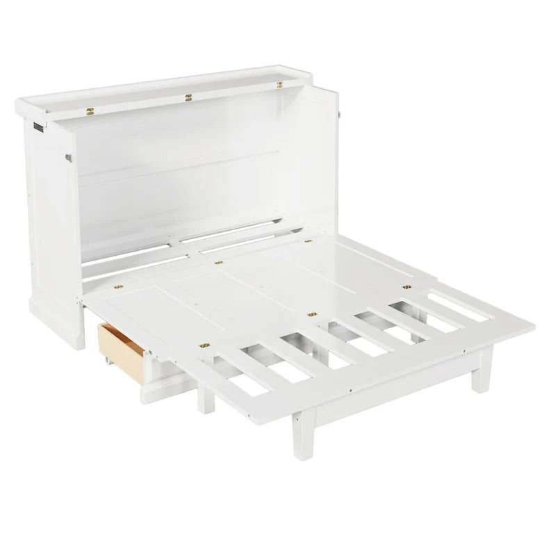 Meuble-lit escamotable Queen en pin massif avec port de chargement USB et tiroir de rangement