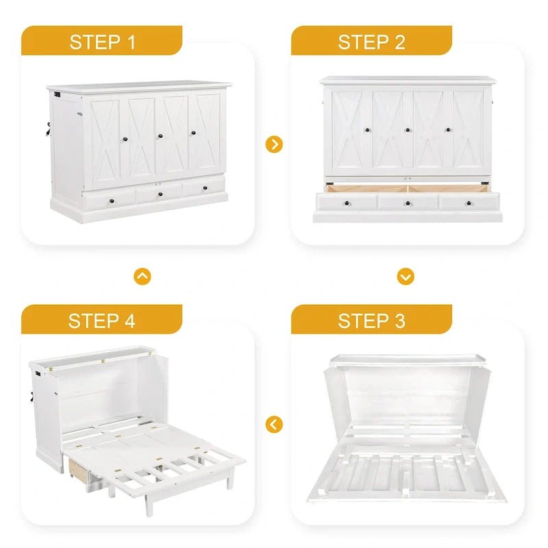 Meuble-lit escamotable Queen en pin massif avec port de chargement USB et tiroir de rangement