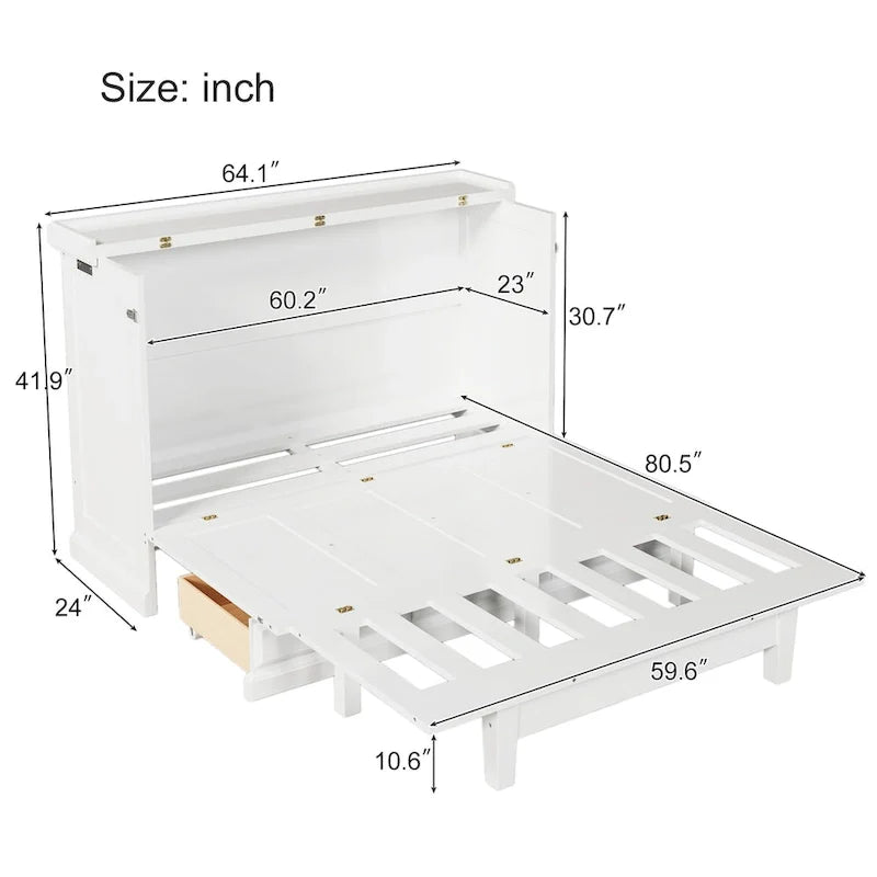Meuble-lit escamotable Queen en pin massif avec port de chargement USB et tiroir de rangement